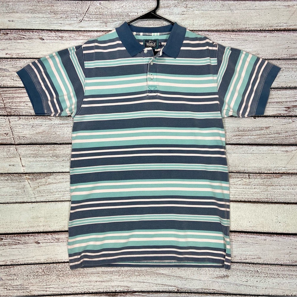 Vintage Woolrich Polo Shirt Mens Medium Striped Stripes Short Sleeve Blue White